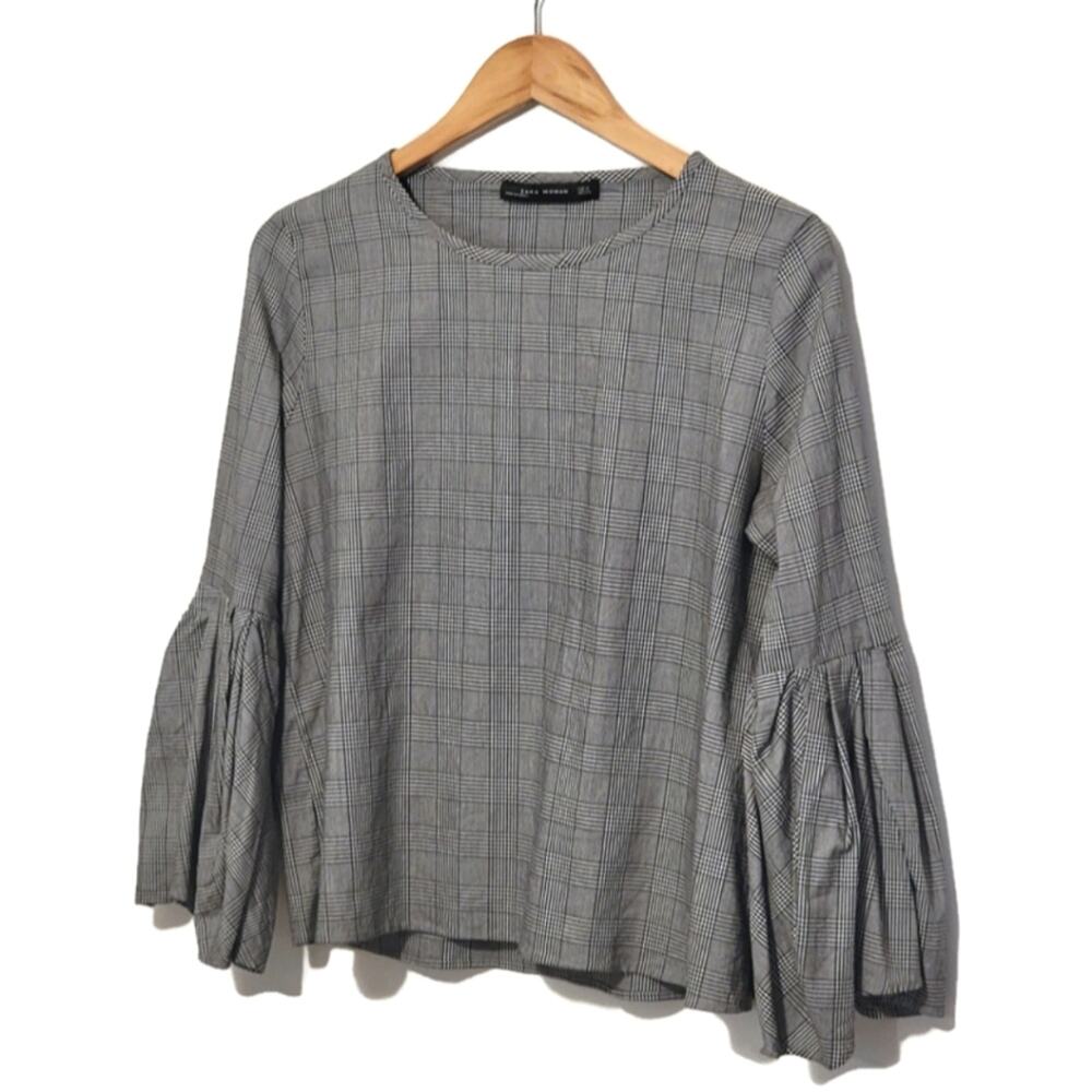 ZARA WOMAN Plaid Bell Sleeve Black and White Cotton Blend Top Size M - Picture 5 of 13